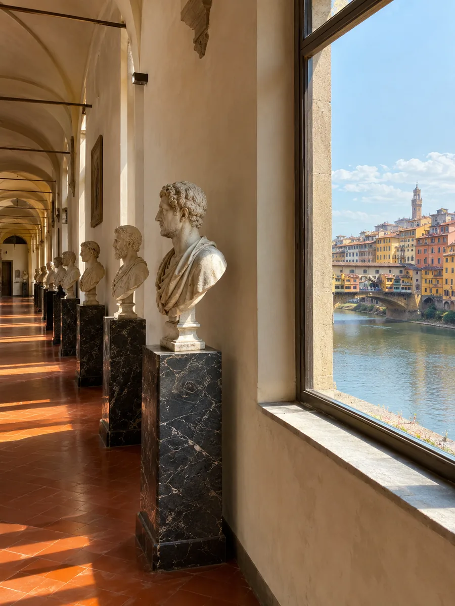 Busti romani in marmo su piedistalli scuri lungo un corridoio soleggiato, con un'ampia finestra a destra che guarda dall'alto l'Arno e il Ponte Vecchio