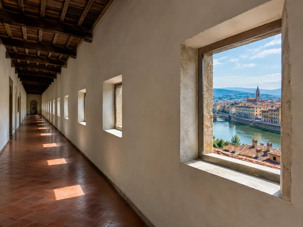 Licht durch die Fenster des kahlen, weiß getünchten Vasarikorridors